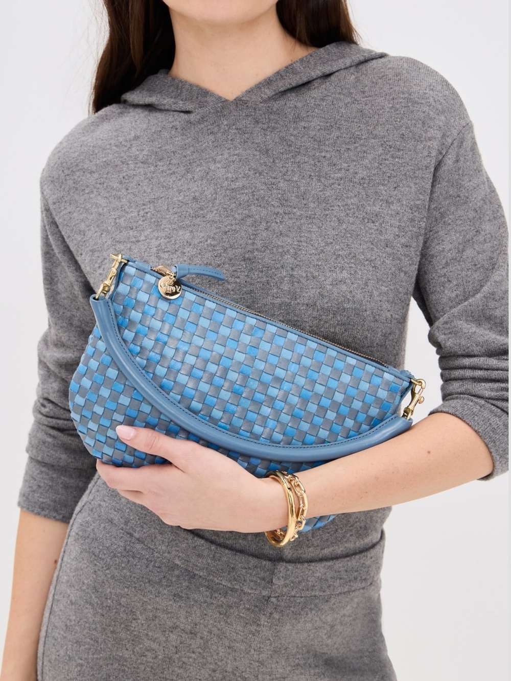 CLARE V Petit Moyen Denim Blue Checker